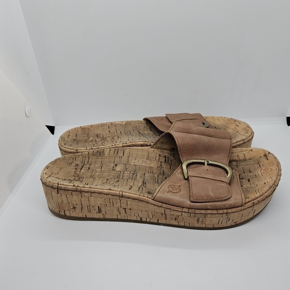 Born Sloane leather and cork slide platform sandals tan brown US 9